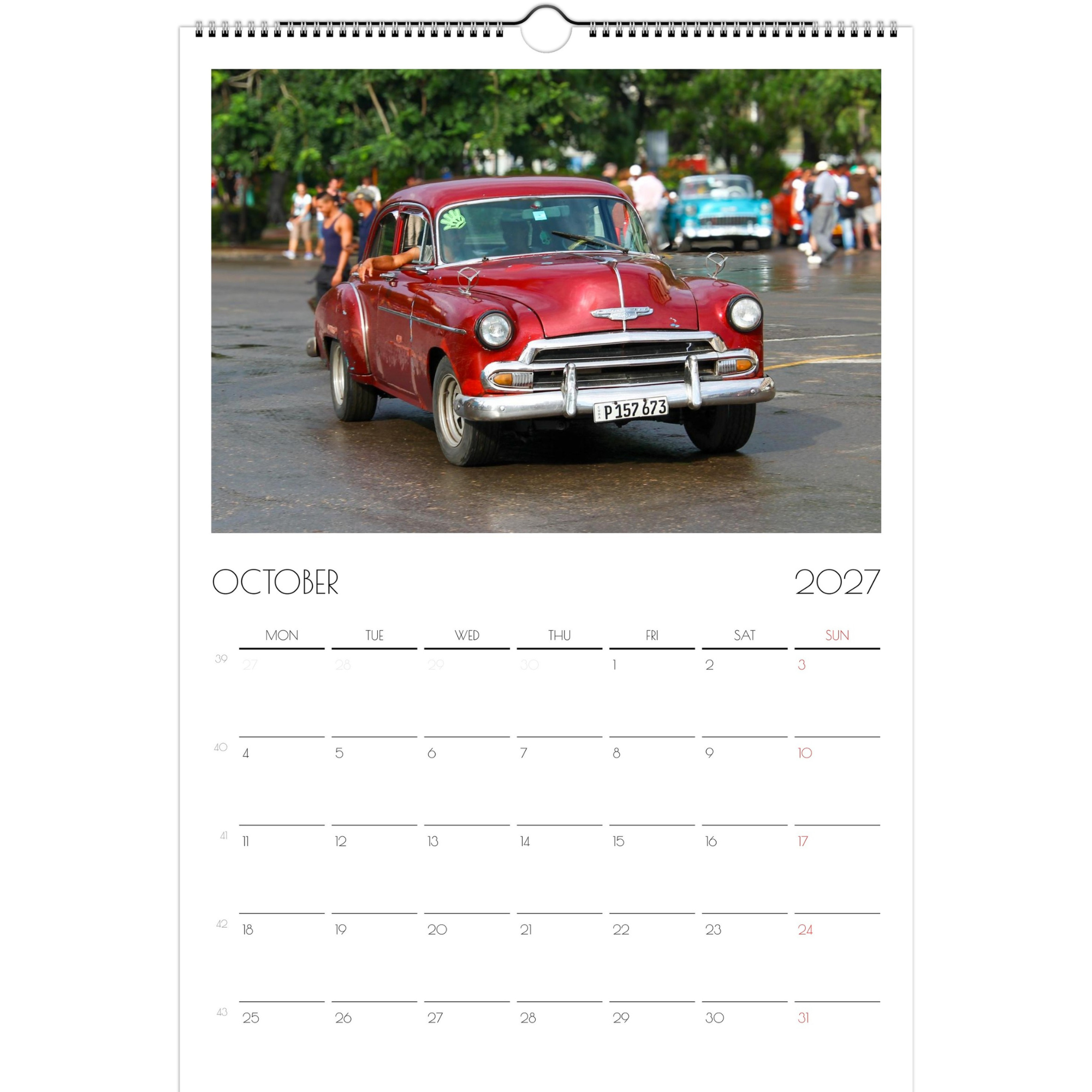 October page of the Classic Cars of Cuba 2027 calendar. The page features a classic red Chevrolet driving down a Havana, Cuba, street.