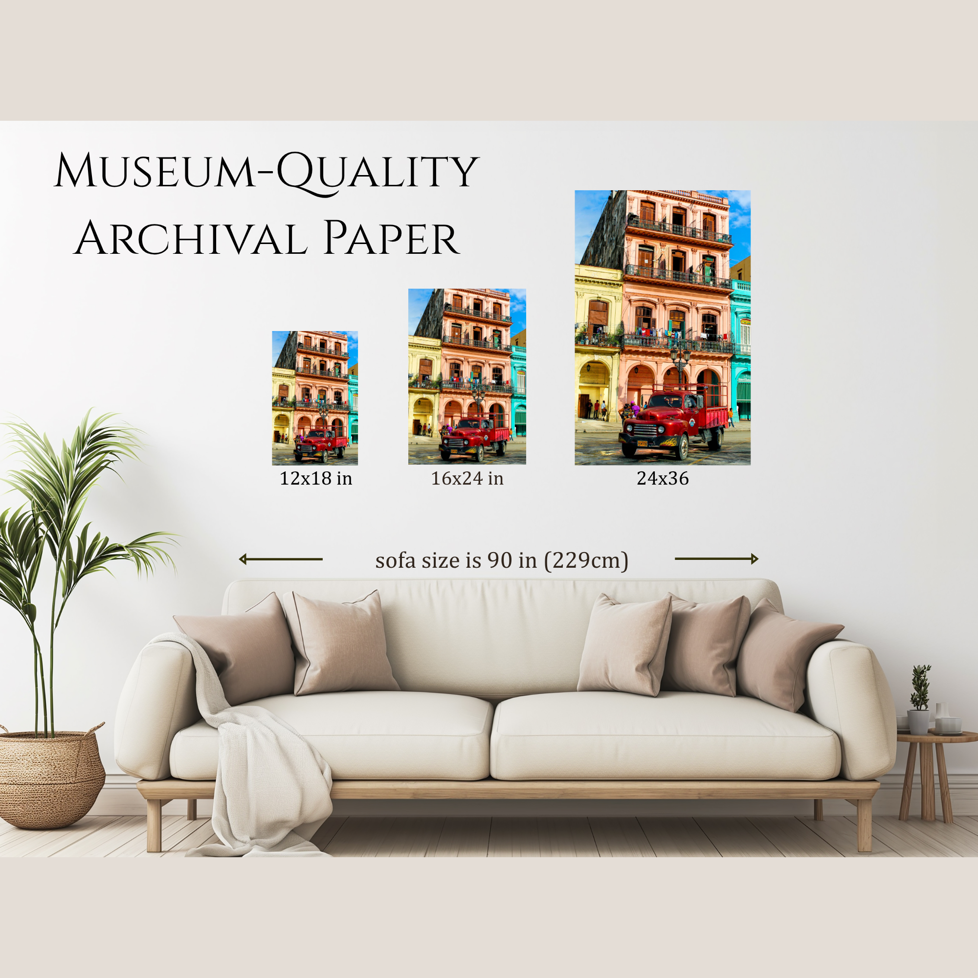 Mockup showing the different sizes available in archival paper for Ford Truck Havana photo hanging on a wall over a couch.