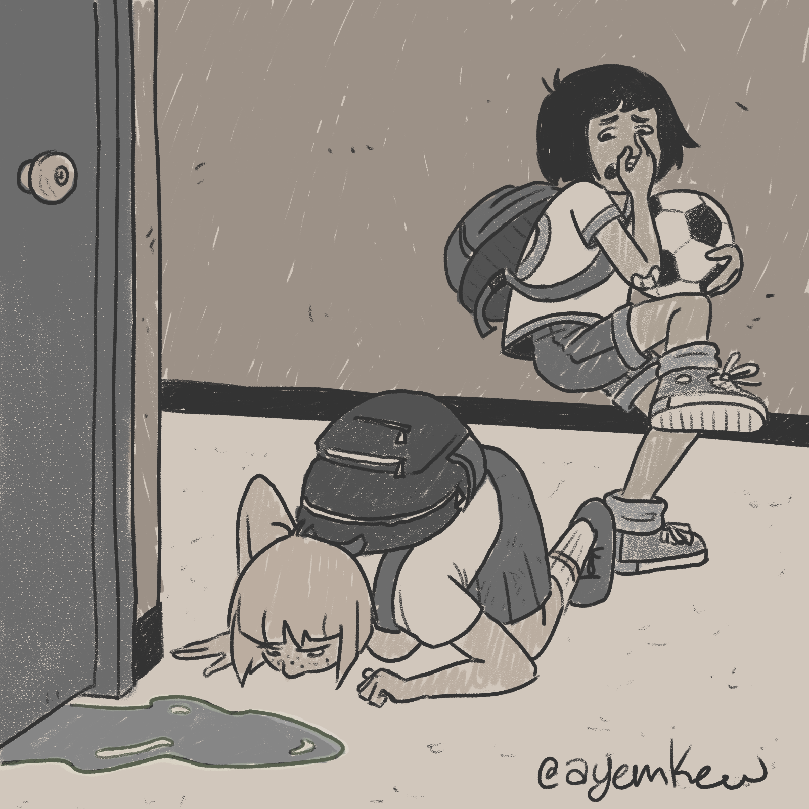 Two kids in a hallway, one girl with freckles and a backpack, and one girl with a backpack, both looking down. There is a spilled drink or food on the floor, and a sealed door to the left side of the image.