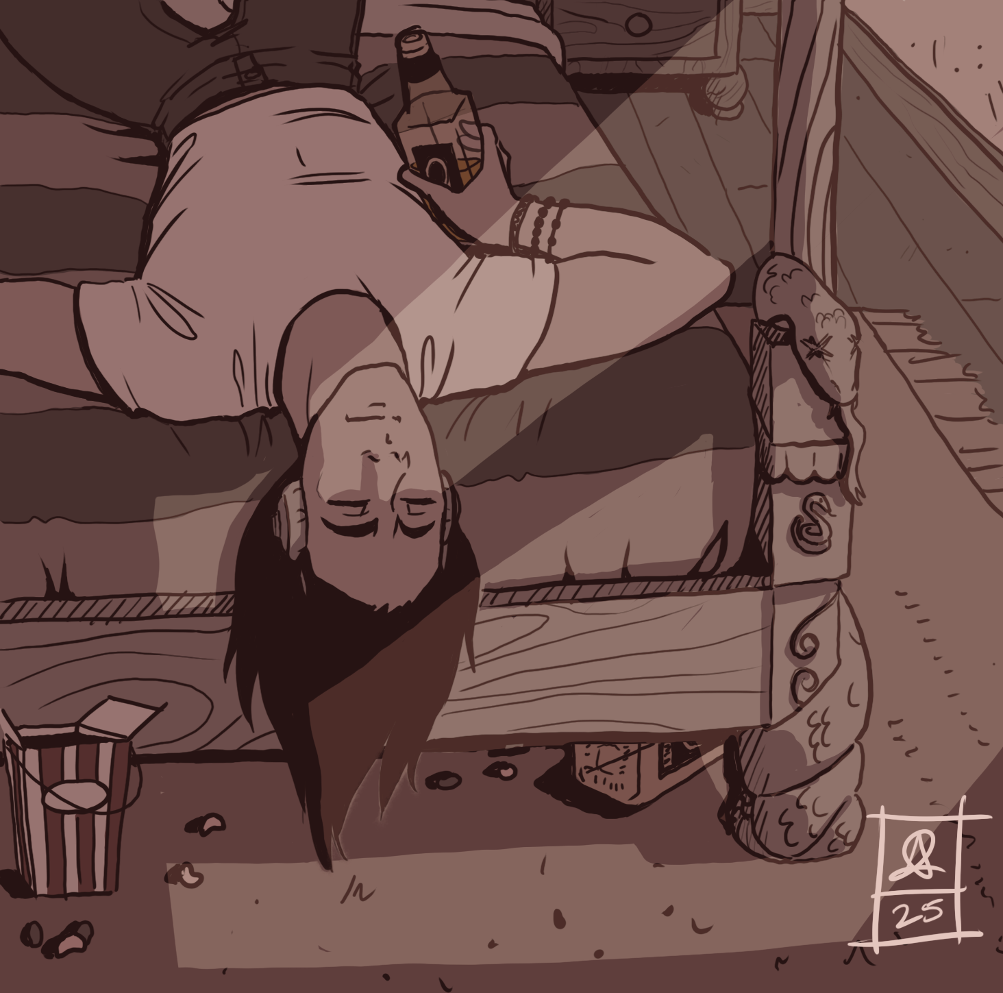 A man lying on a bed with her eyes closed, holding a bottle in one hand, surrounded by snacks and a drink on the floor.