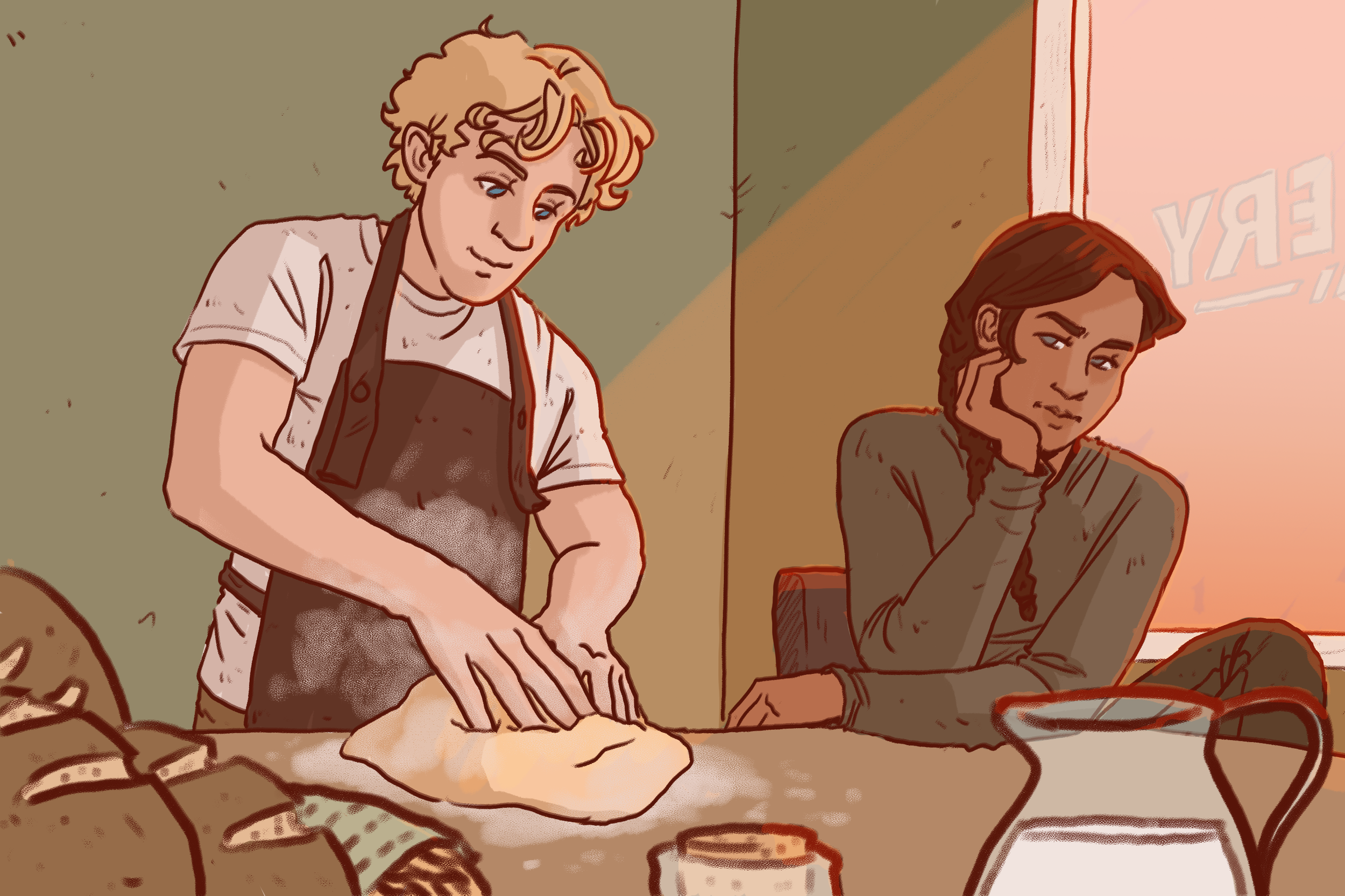 A cartoon illustration of a man and a woman in a bakery, one preparing food and the other sitting and listening.