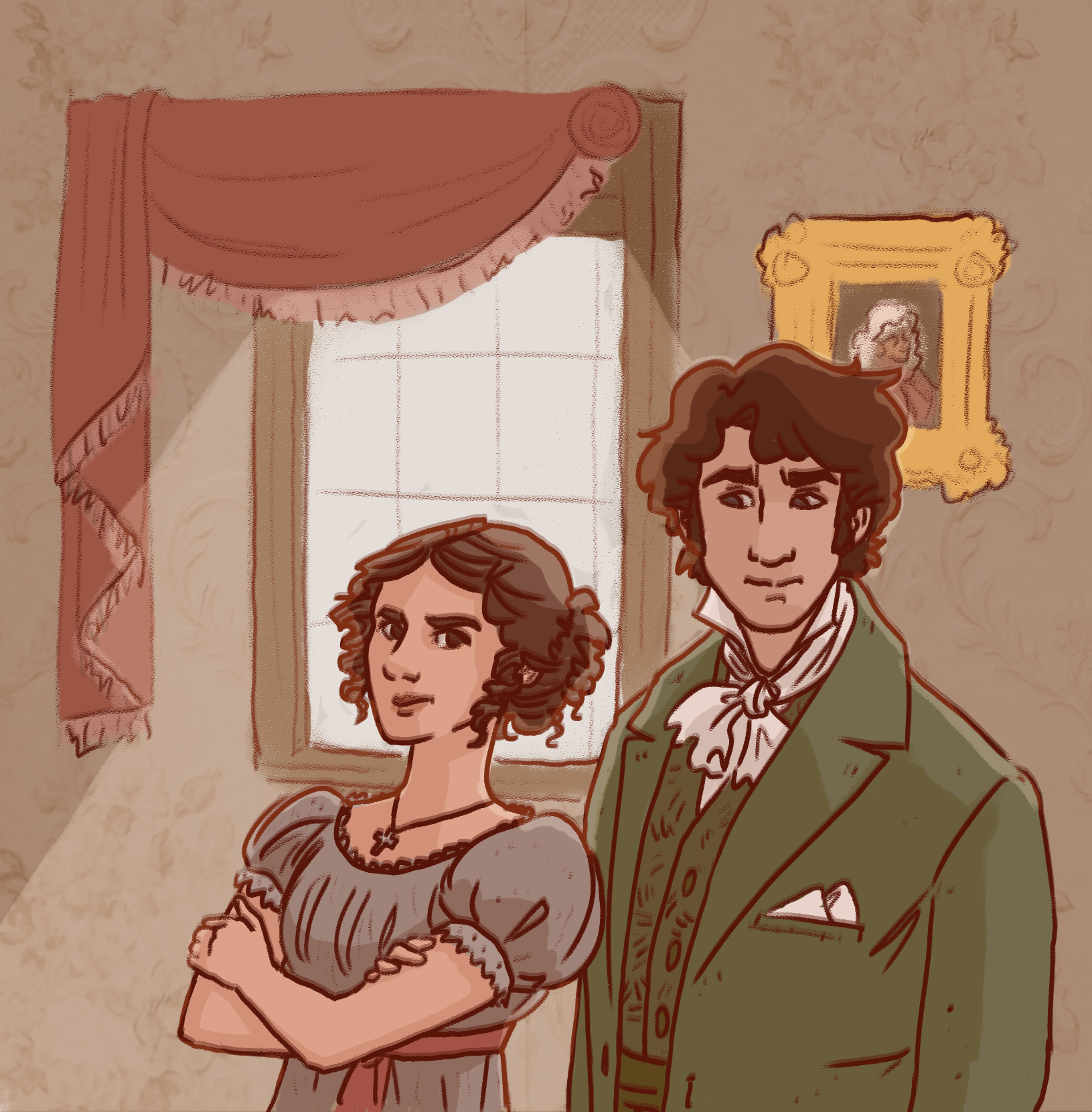 Drawing of a woman with brown, curly hair wearing a gray dress with puffed sleeves and a black necklace, and a man with brown hair wearing a green coat, white shirt, and cravat, standing in a room with beige wallpaper, a window with red curtains, and a gold framed portrait of a woman with gray hair and a red dress.