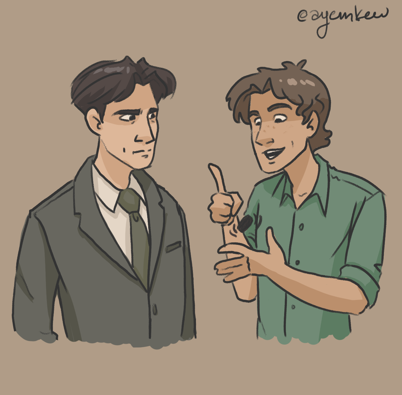 A drawing of two men having a conversation, one dressed in a suit and tie, looking serious, and the other dressed casually in a green shirt, smiling, and gesturing with his hand.