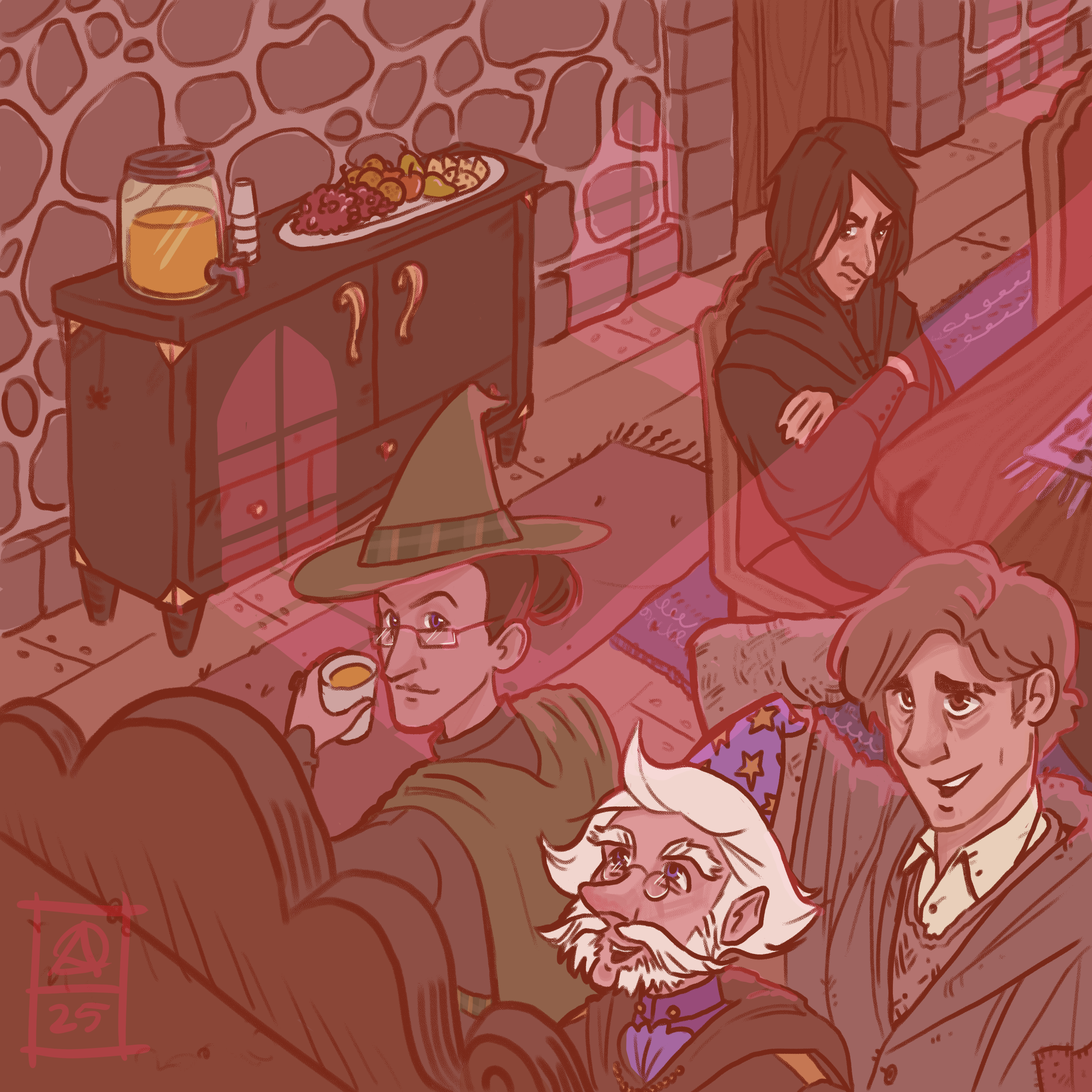 A young woman with glasses sitting at a bar counter with a drink in front of her, and a young man with long hair and a beard sitting across from her, in a cozy, rustic pub or cafe with stone walls and shelves with decorative items.