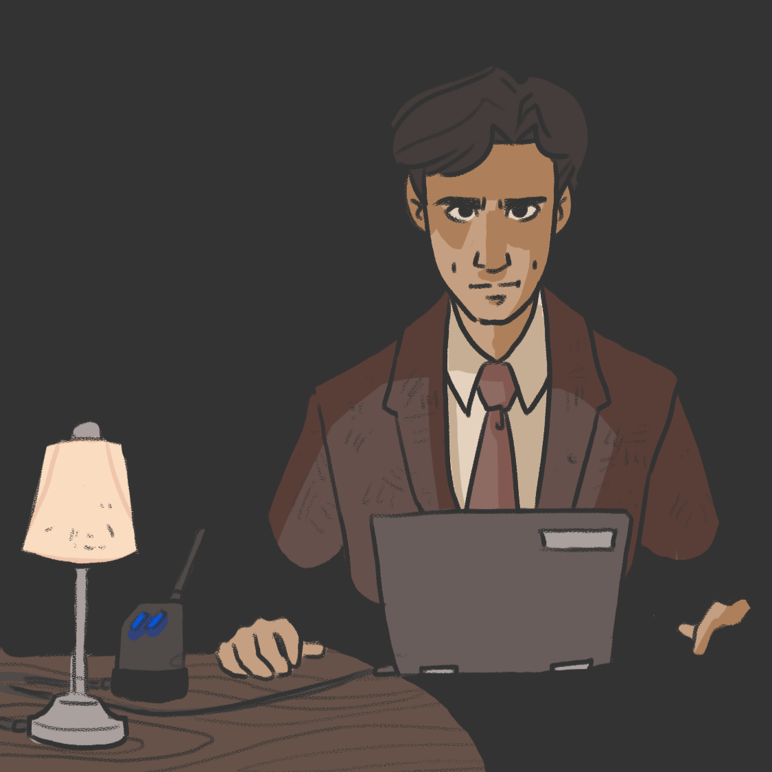 A young man sitting at a desk in a dark room, working on a laptop with a worried or focused expression, with a small lamp and a wireless device on the desk.