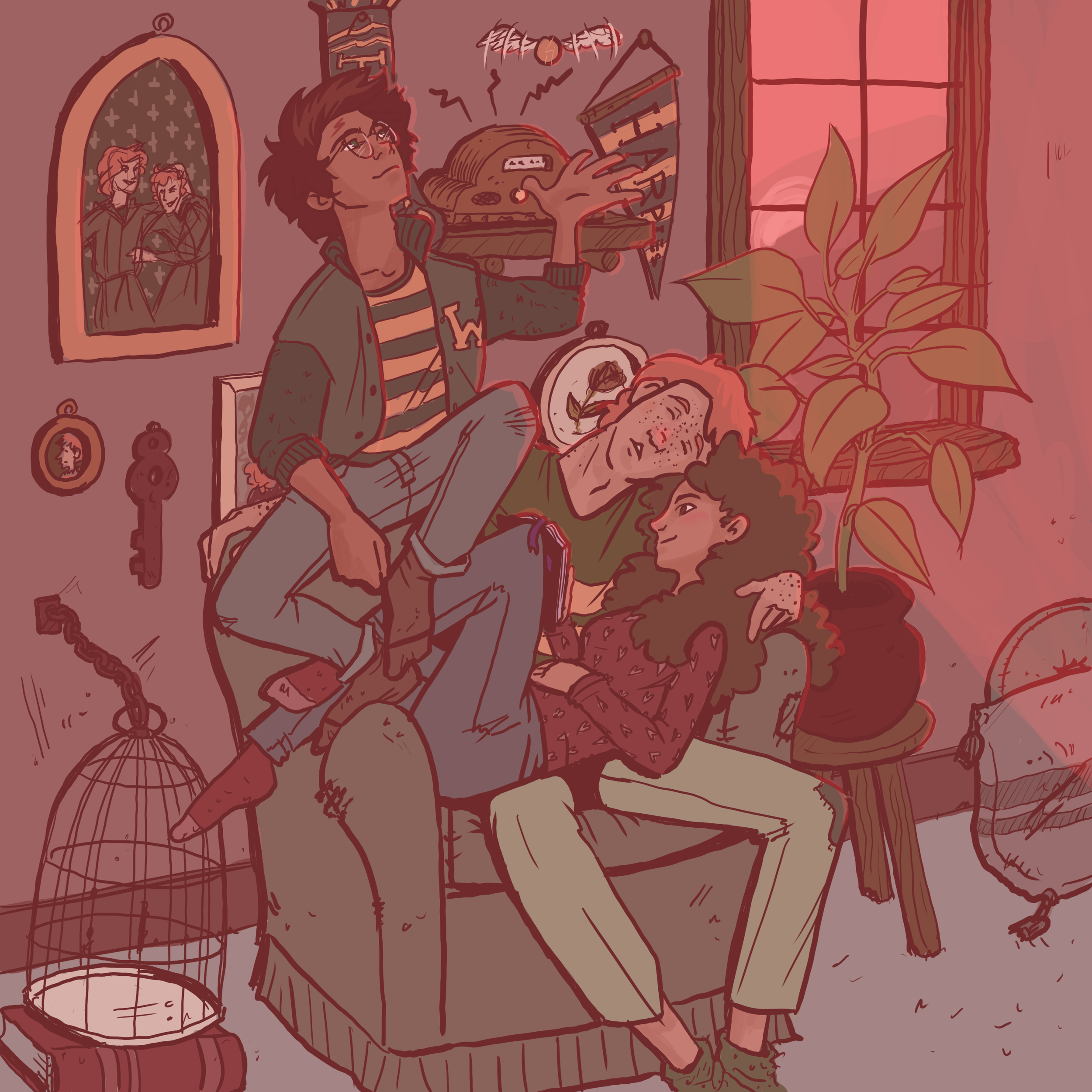 A young person with glasses and a striped shirt stands in a room decorated with various artwork, plants, and vintage items. They are holding a plate with food and looking up, with a small person standing beside them. The room features a large window, a framed picture of two people, and shelves with decorative objects.