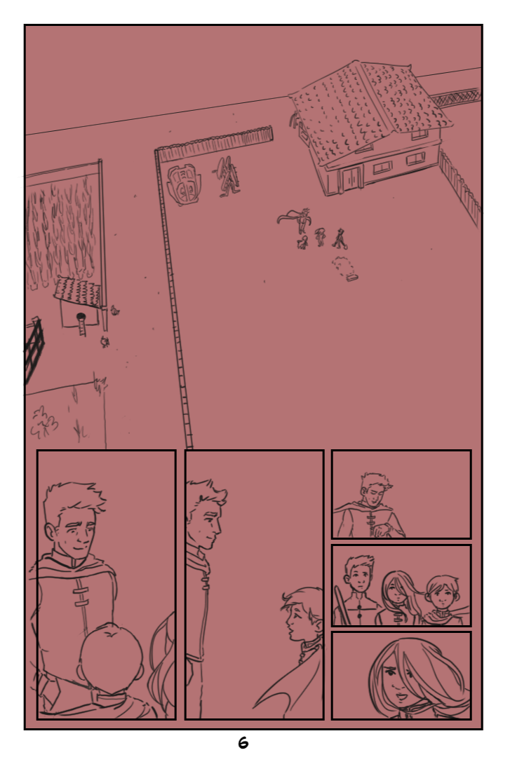 Drawing of a schoolyard with children playing, a building, and a fence. Six characters depicted, including a young man in a cape talking to a girl, and a group of three children and a woman with long hair in a separate panel.