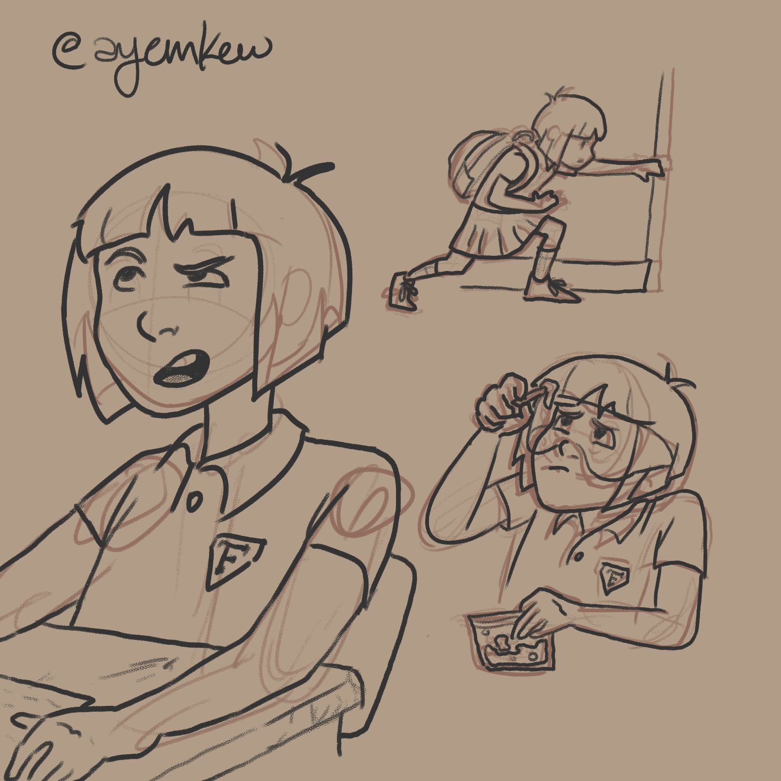 Sketch of three young girls in uniforms with a badge, sitting at desks in a classroom, looking at an object with concern, and walking in a low crouch.