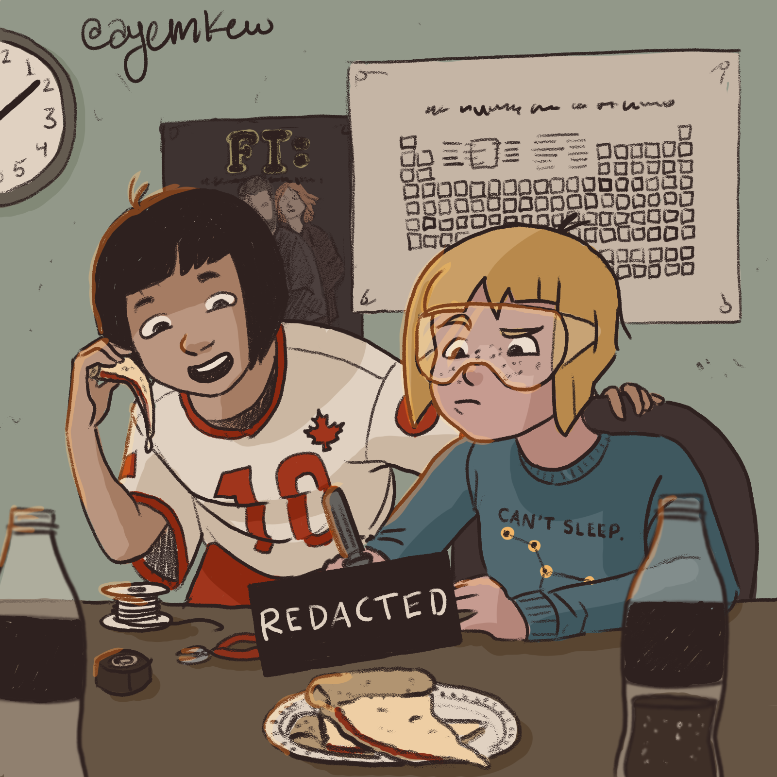 Two young women sit at a cluttered table, one wearing a Canadian football jersey and the other wearing a blue sweater with the phrase 'Can't Sleep' on it. They are looking at a tablet labeled 'Redacted'. Behind them is a poster for a band called "F.I." and a wall clock showing approximately 1:55. The table has a slice of pizza, various papers, and writing tools.