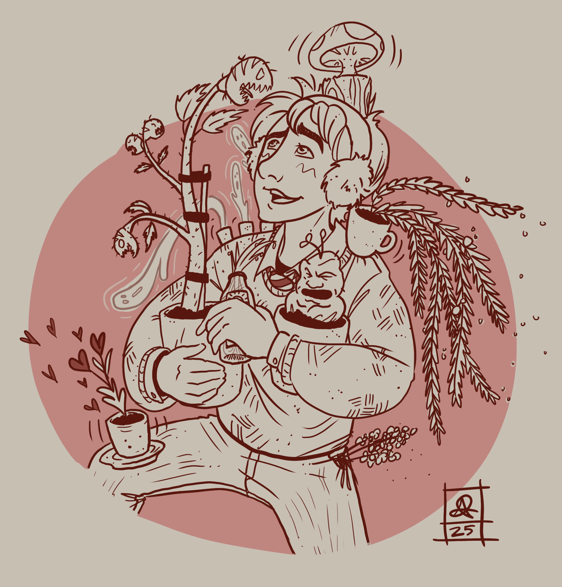 Line drawing of a person surrounded by a variety of plants balanced precariously on his person.