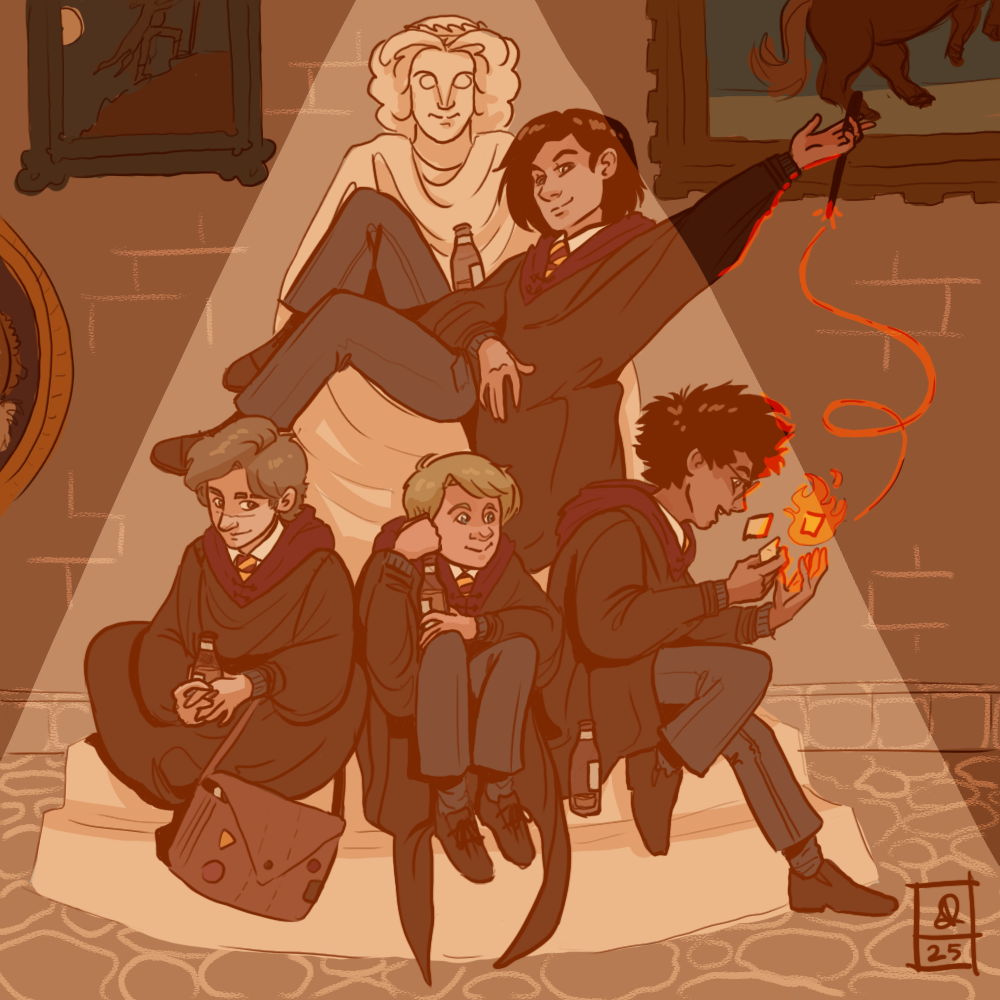 Illustration of James Potter and his friends sitting and lounging on a stone platform, with a portrait and a horse painting in the background, depicting a scene from the Harry Potter series.