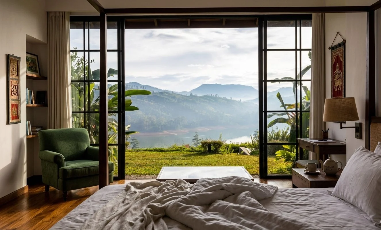 Room with a large open sliding door leading to a view of mountains and greenery outside.