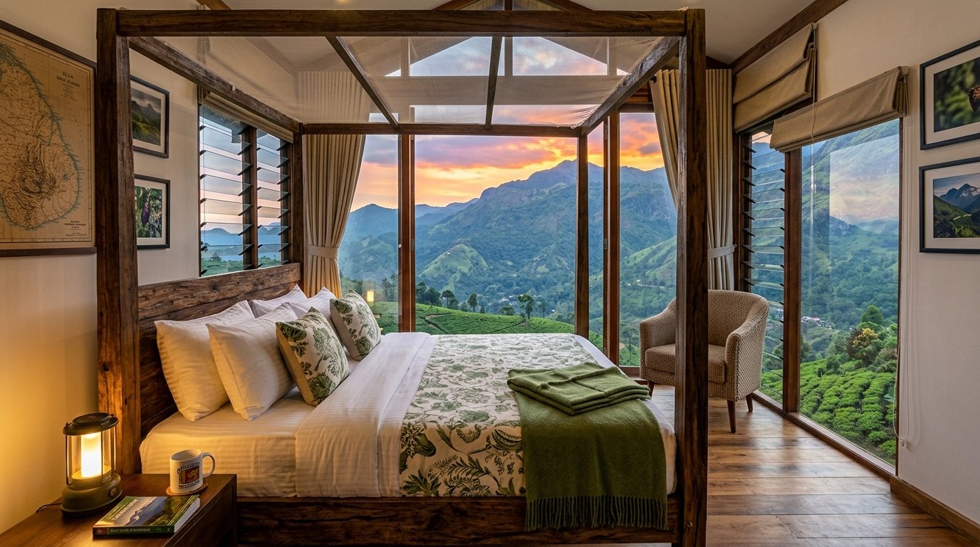 A cozy bedroom with a large wooden bed with white and green patterned pillows and a green blanket. The room has floor-to-ceiling windows showcasing a mountain landscape with lush green hills and a colorful sunset sky. There is a beige armchair in the corner. The walls are decorated with framed pictures and a map, and a small nightstand with a lantern, a mug, and books is next to the bed.
