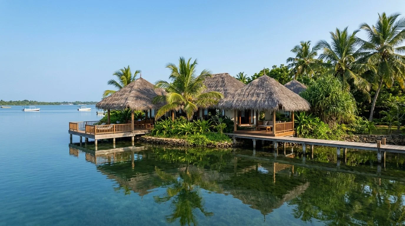 Thatched-roof huts on stilts along a tropical shoreline with palm trees and boats on a calm body of water.