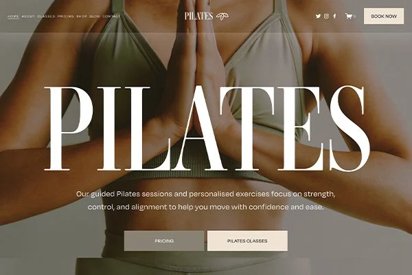 Close-up of a woman in workout attire with hands in prayer position, promoting Pilates classes.