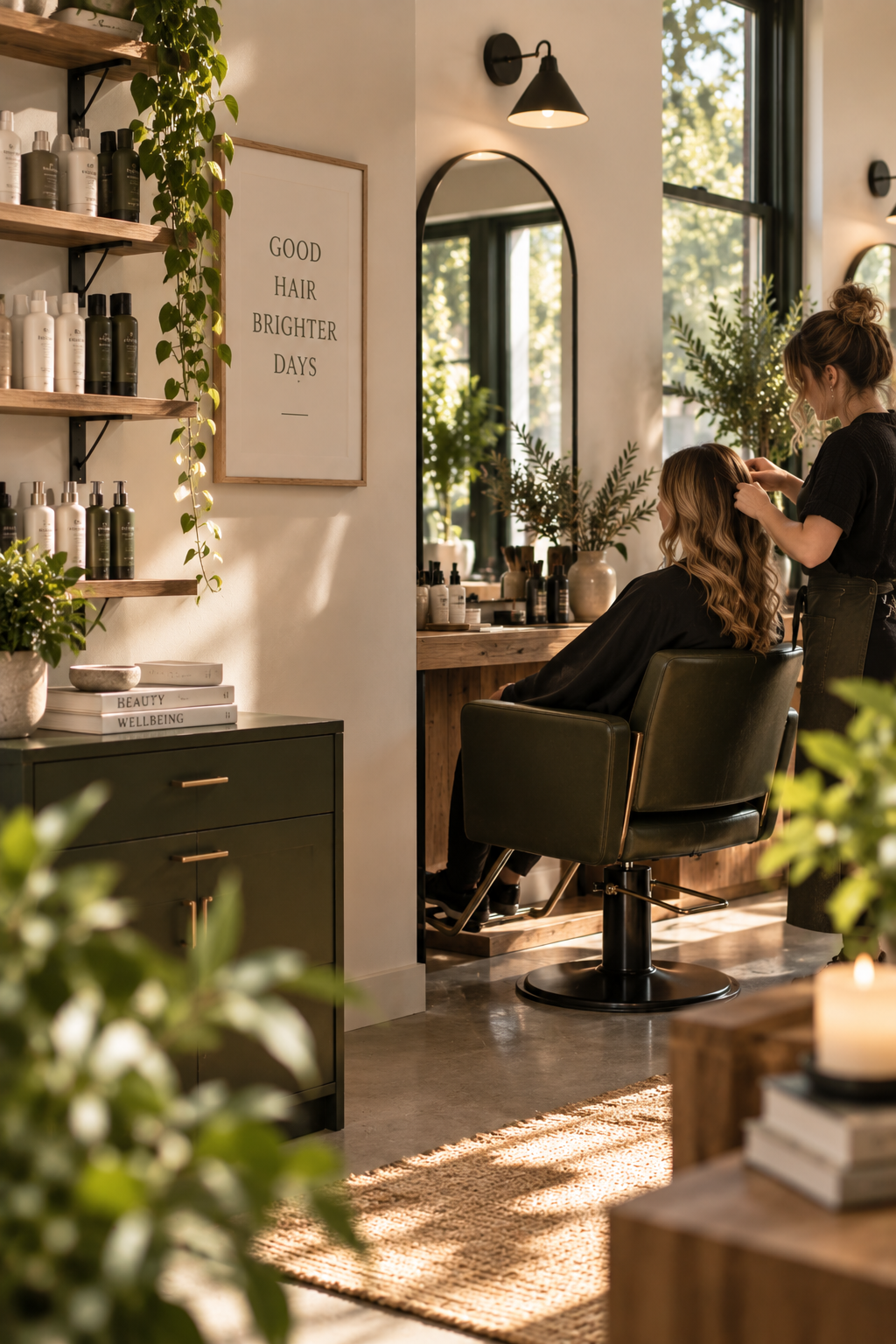A woman at a salon getting her hair styled by a hairstylist. The salon has a modern, cozy decor with green plants, shelves with hair products, and natural light coming through large windows.