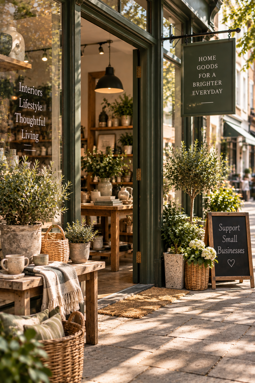 The image shows the storefront of a home goods store with large glass windows and open door, decorated with potted plants, wooden tables with ceramic and woven items, and signs encouraging community support and small business.
