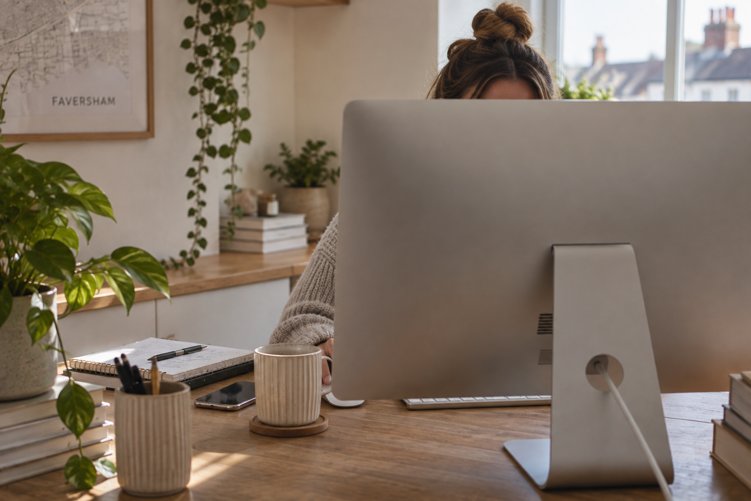 Person working at a wooden desk with plants, notebooks, a cup, and a computer in a bright room with windows.
