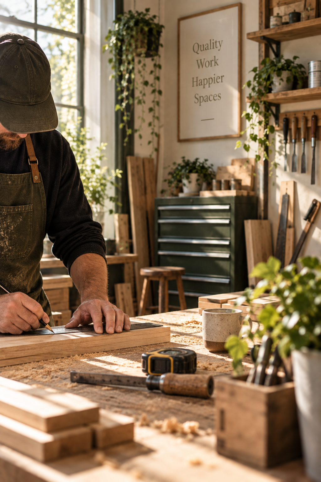 A person in a workshop using a pencil and ruler to measure and mark a wooden board. The workspace has tools, wooden planks, a window with natural light, potted plants, and a framed sign on the wall that reads 'Quality Work Happier Spaces'.
