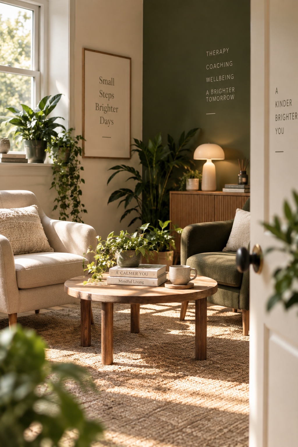 A cozy living room with beige and olive green armchairs, a round wooden coffee table, various potted plants, a sideboard with a lamp, and framed inspirational quotes on the walls, bathed in natural sunlight.
