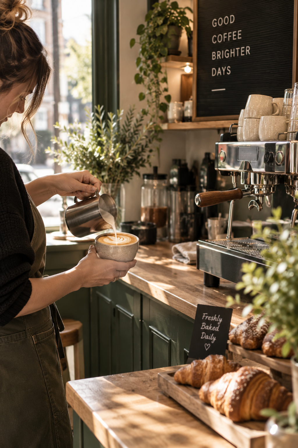 A barista pours steamed milk into a cup of coffee to create latte art in a cozy coffee shop with a wooden counter, green cabinets, and a sign that reads 'Good Coffee Brighter Days'.