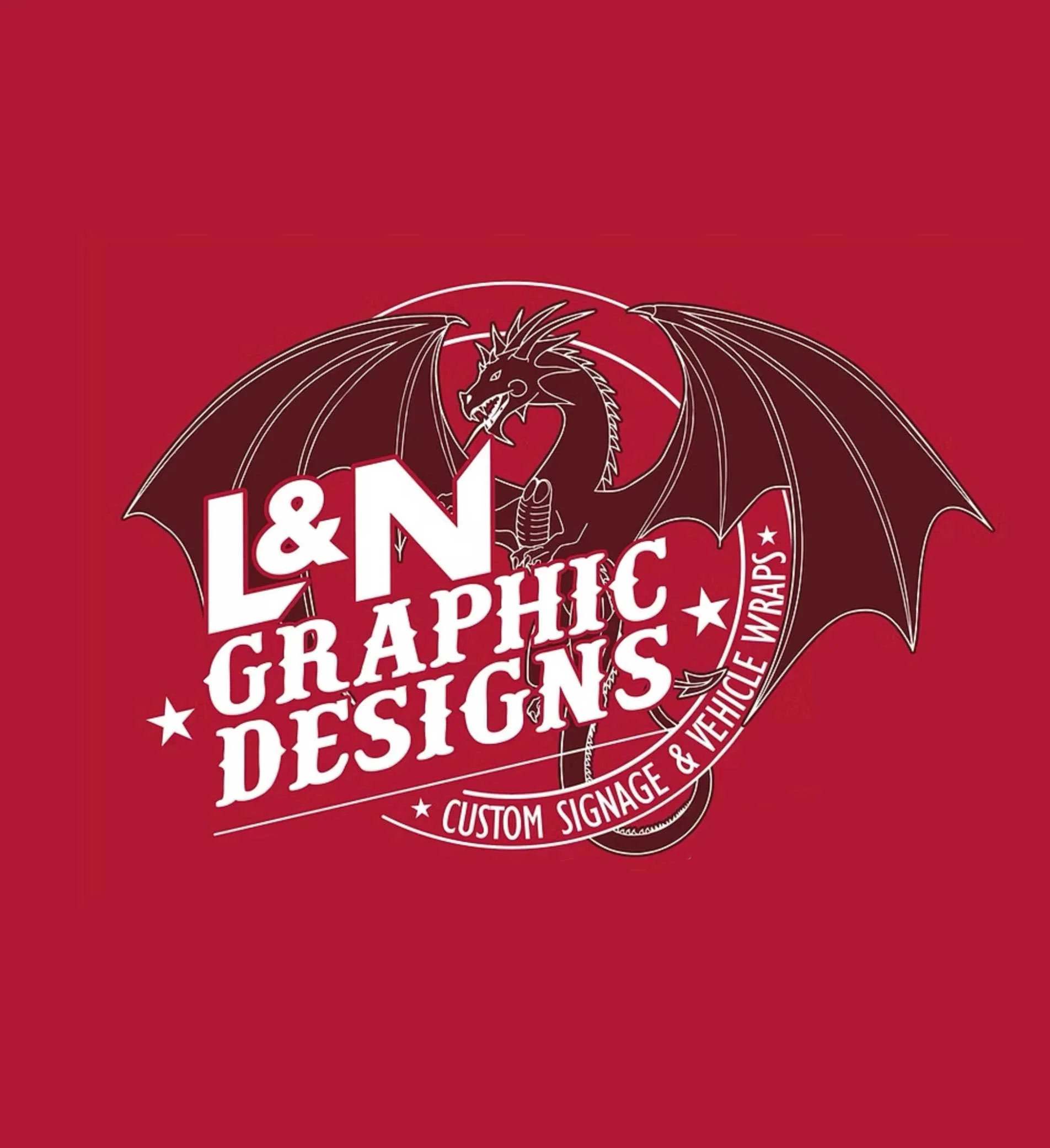A red background featuring a white outline illustration of a dragon with large wings, a fierce expression, and a long tail, surrounded by various text elements.