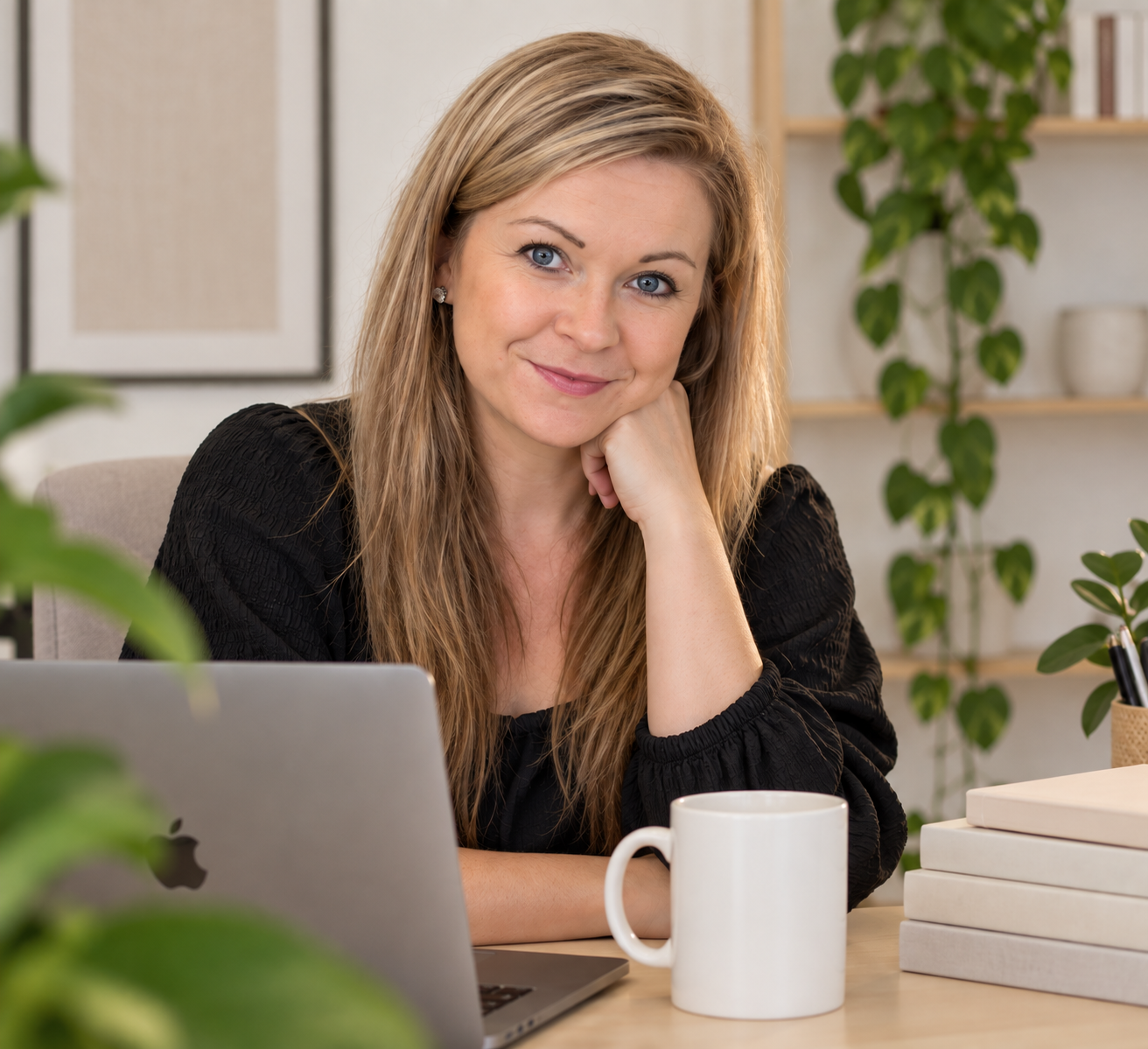 A woman sitting at a desk with a laptop, books, a white mug, and plants in the background, smiling and resting her chin on her hand.