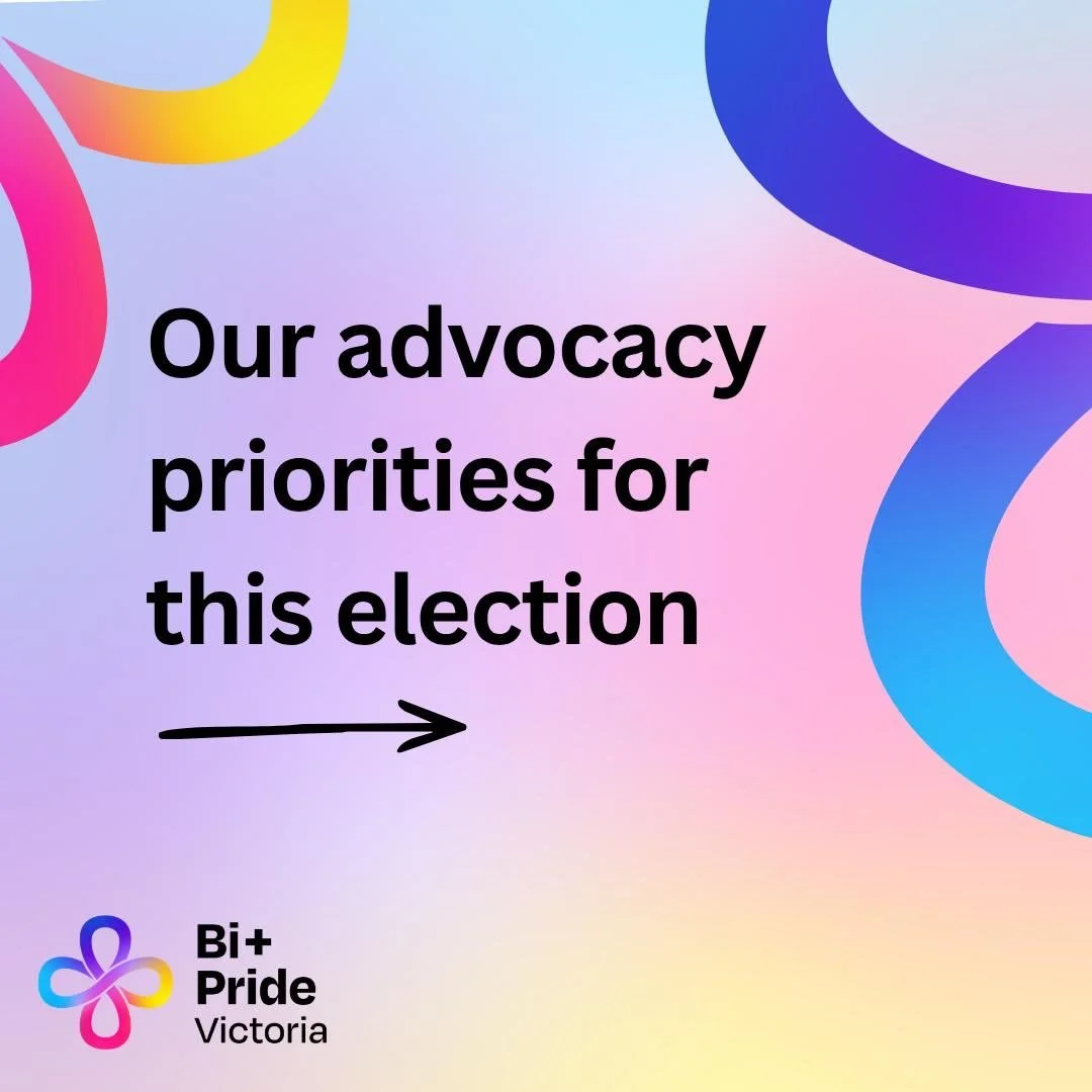 The Victorian state election is coming up on Saturday, 28 November 2026.

To achieve a world where bi+ people across Victoria are thriving, connected and confident in our identities, living in communities that celebrate and support us, here is what B