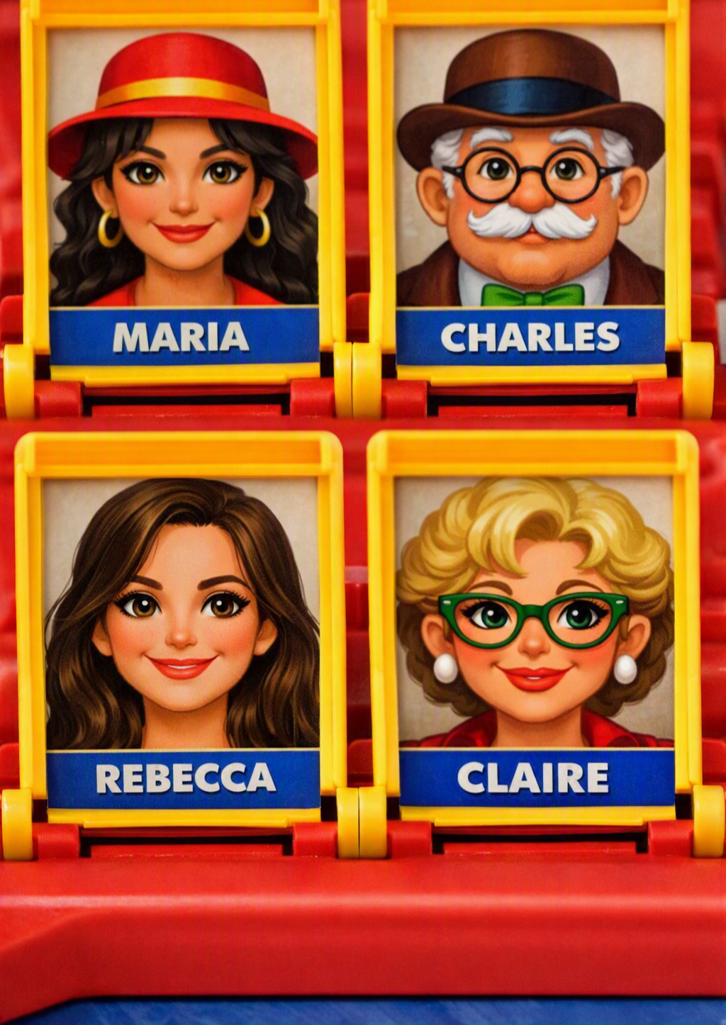 Four cartoon character cards with yellow borders, each labeled with a name: Maria, Charles, Rebecca, and Claire, placed in red racks.