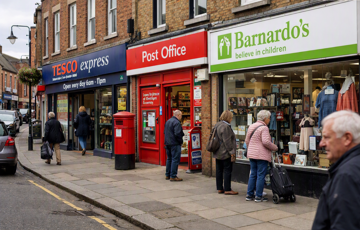 People standing in line outside a post office on a city sidewalk. Shops include Tesco Express and Barnardo's with clear signage. A red post box is near the post office entrance. Cars are parked along the street.