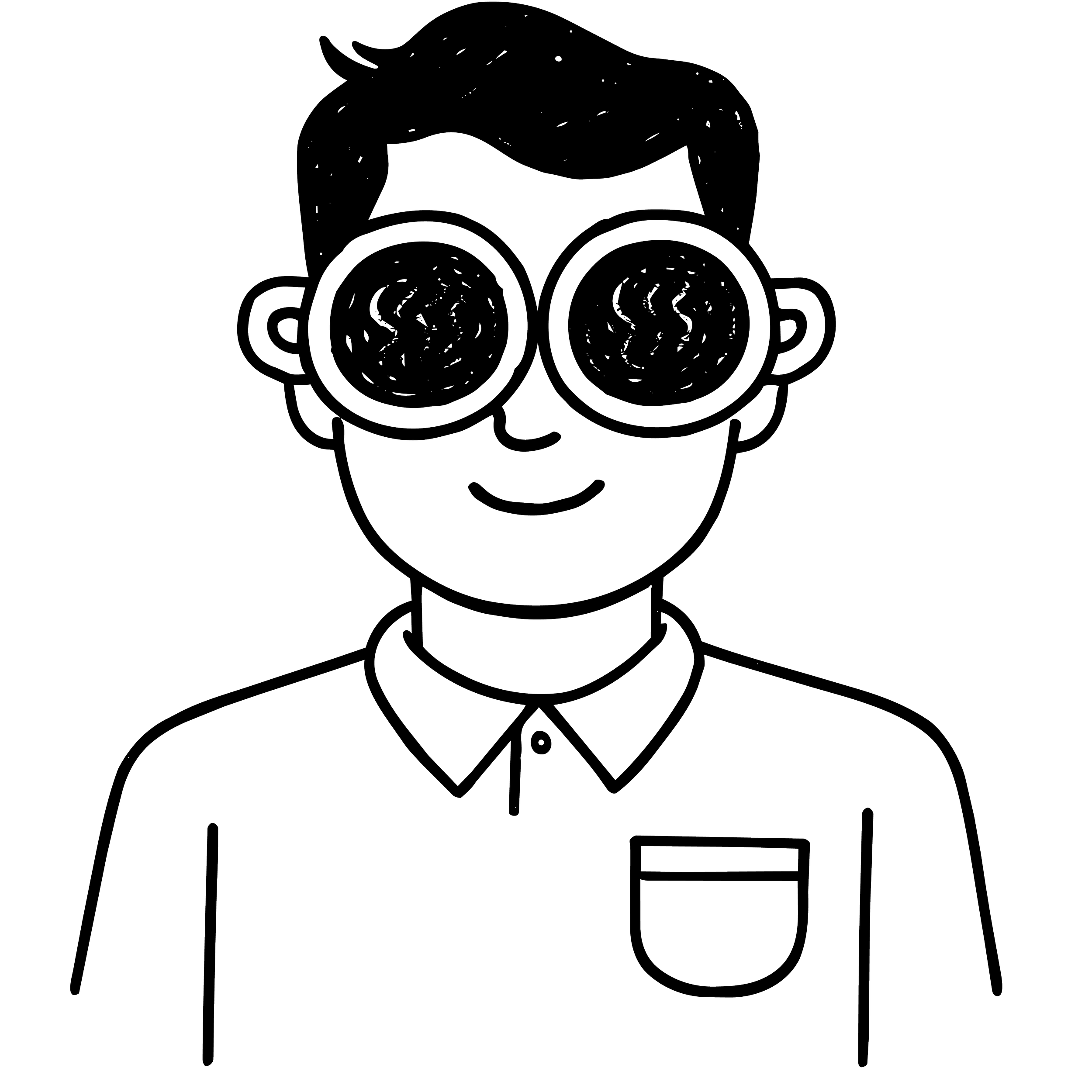 Eine stilisierte Zeichnung eines Jungen mit Brille und Anzug.