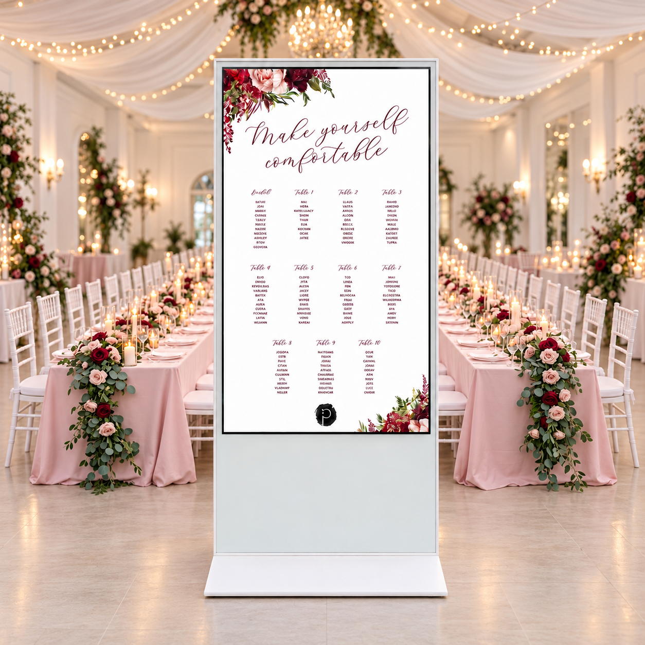 White digital screen displaying a couple's photo with their names and wedding date, styled at a Perth wedding.