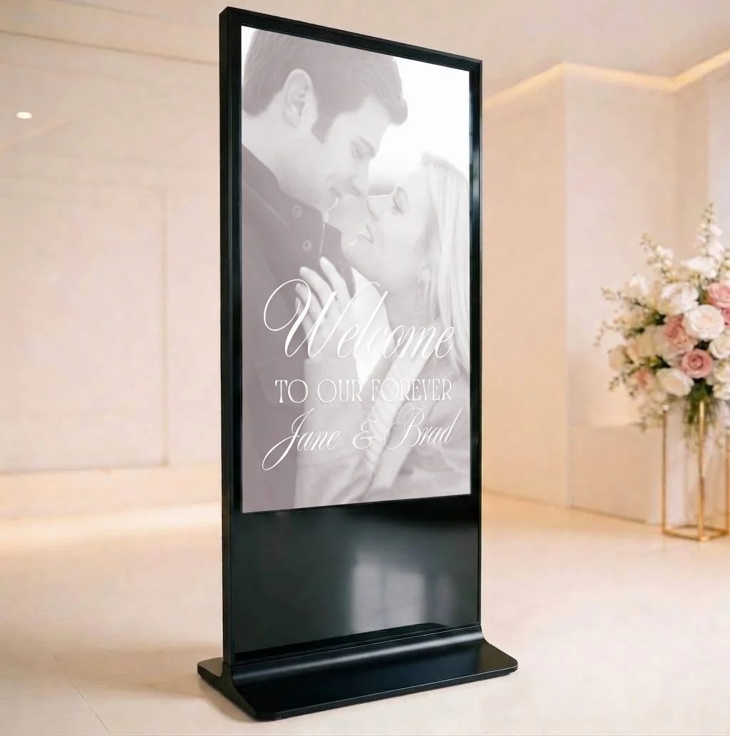 Digital weddign welcome sign stand for hire - perth digital screens