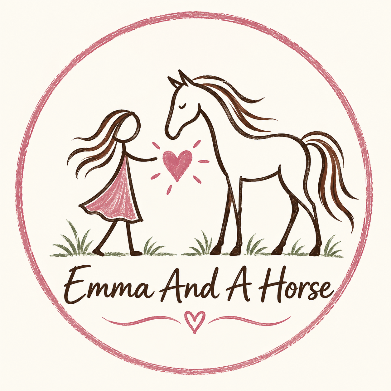 A hand-drawn illustration of a girl with long hair and a pink dress standing next to a horse with a flowing mane and tail, with a pink heart between them, within a pink circular border and the text "Emma And A Horse" below.