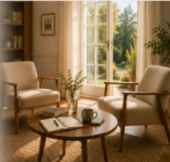 Cozy living room with two armchairs, a coffee table with a book and coffee mug, large window with curtains, and lush greenery outside.