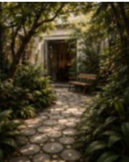 Pathway with stone tiles leading to a house entrance, surrounded by lush greenery and trees on a sunny day.