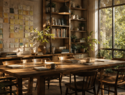 A cozy dining room with a wooden table set with white plates and mugs, surrounded by wooden chairs, with a large window, potted plants, and a bookshelf in the background.
