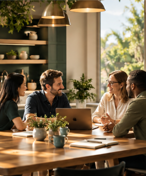 Four people sitting around a table in a bright, modern cafe or restaurant, engaged in a conversation with a laptop and notebooks on the table.