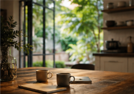 A cozy kitchen with a wooden table set near large windows that reveal green trees and outdoor scenery, with two coffee mugs and a closed book on the table.