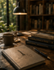 A cozy reading or study space with a wooden table, books, a coffee mug, and a desk lamp, with a bookshelf and greenery in the background