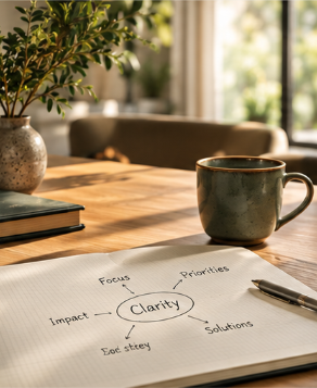 Open notebook with handwritten notes and a pen on a wooden table next to a coffee mug and a potted plant in a bright, airy room.