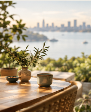 Breakfast table with a potted plant, a bowl, and a cup with a city skyline and water in the background.
