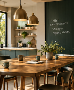 Modern kitchen and dining area with a wooden table, green cabinets, open shelves with plants and kitchenware, pendant lights, and a chalkboard wall with motivational writing.