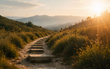 A dirt trail with uneven steps winding through grassy hillside at sunset with mountains in the background.
