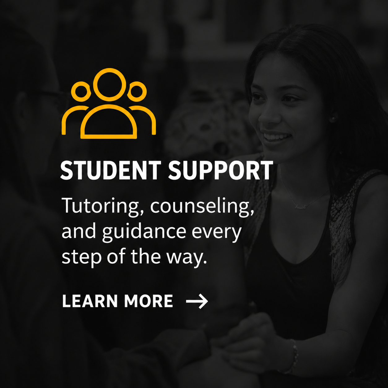 A woman engaged in conversation with a student for support, with text overlay describing tutoring, counseling, and guidance services for students.