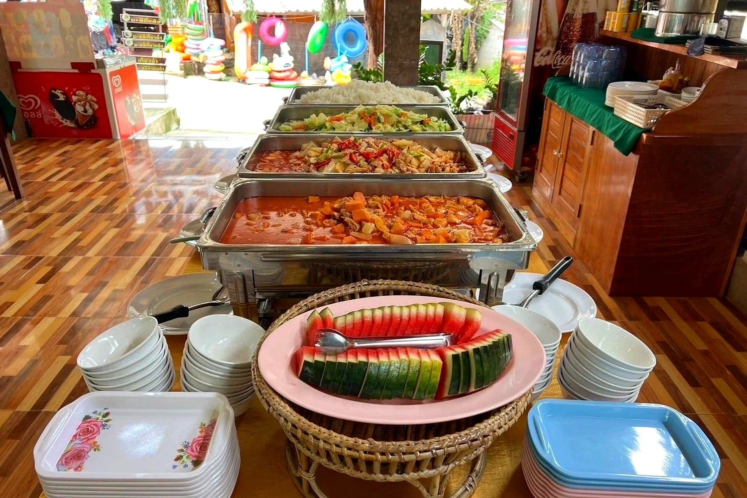 Buffet lunch with Thai curry, vegetables, rice and fresh watermelon on the Krabi jungle tour