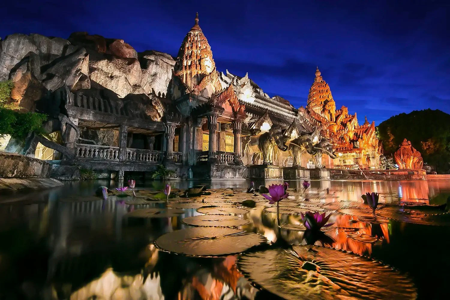 Palace of the Elephants theater and lotus lake at Phuket FantaSea at night