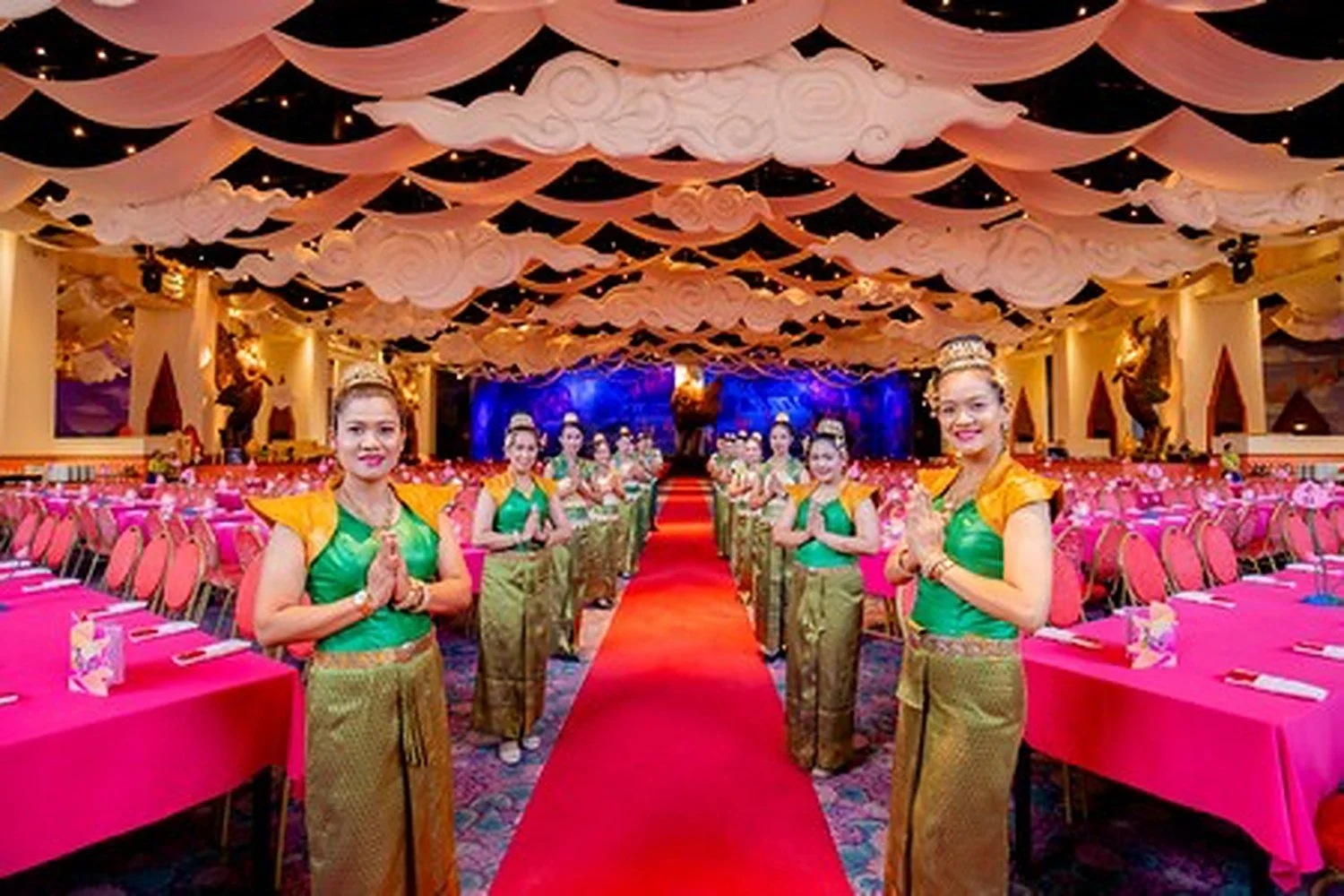 Golden Kinnaree buffet restaurant at Phuket FantaSea with dancers in Thai costume