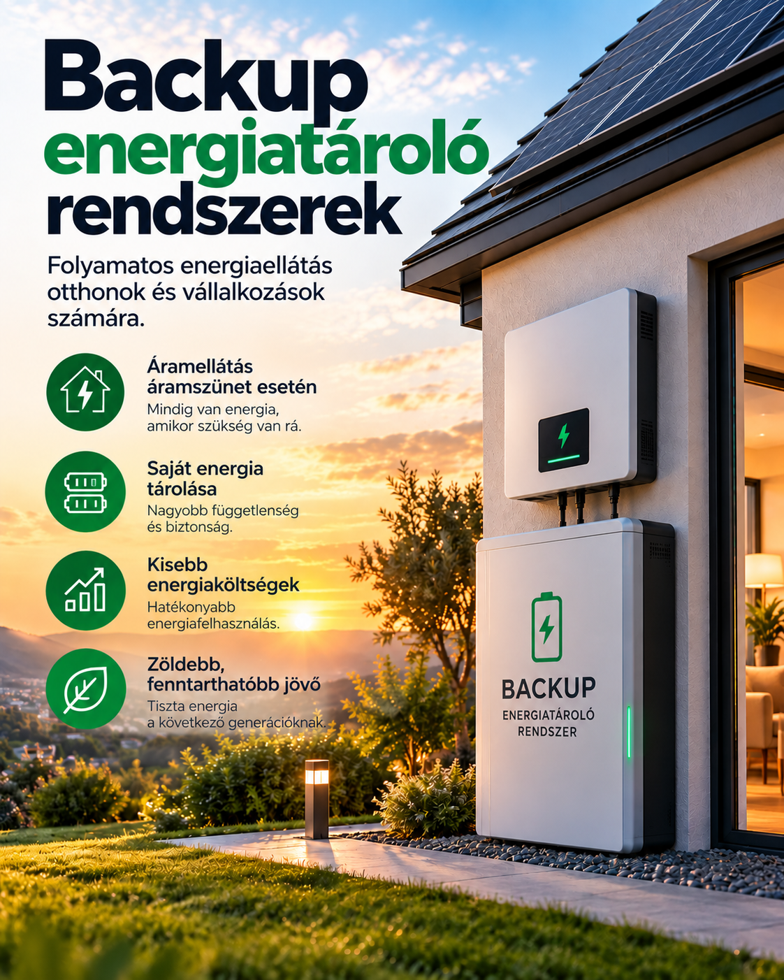 Backup energiatároló rendszer családi ház folyamatos energiaellátásához