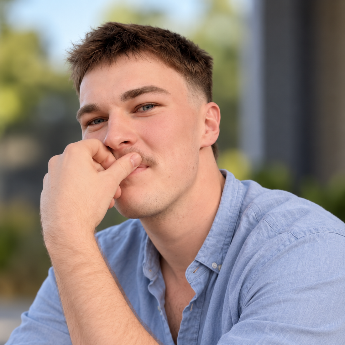 Relaxed portrait of Nathaniel, Community and Wellbeing Buddy, wearing a light blue shirt in an outdoor setting, reflecting his approachable style supporting confidence, wellbeing, community participation and everyday life.